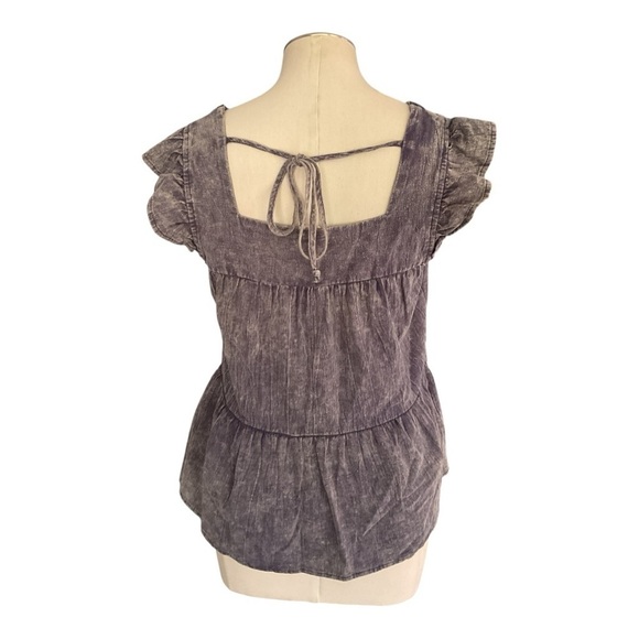 Hem & Thread Boho Peplum Top Size M Gray Washed Look Square Neck Cap Sleeve - Picture 2 of 6